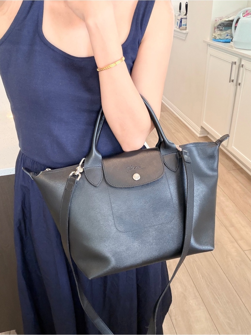 Auth LONGCHAMP Le Pliage City Tote in Black Coated Canvas Crossbody Bag